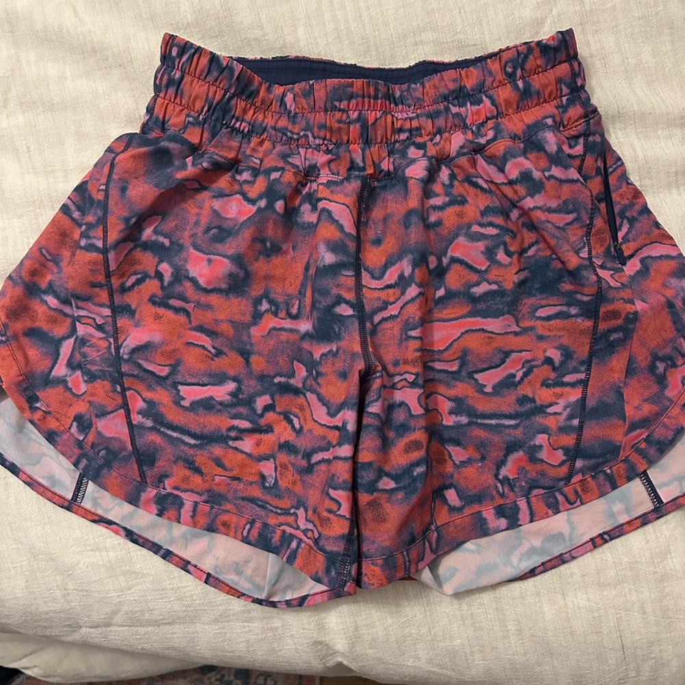 lululemon pink and blue printed Track that High rise 5” short